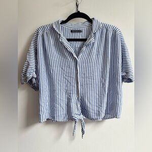 Suzy Shier Blue and White Cropped Button Down Shirt